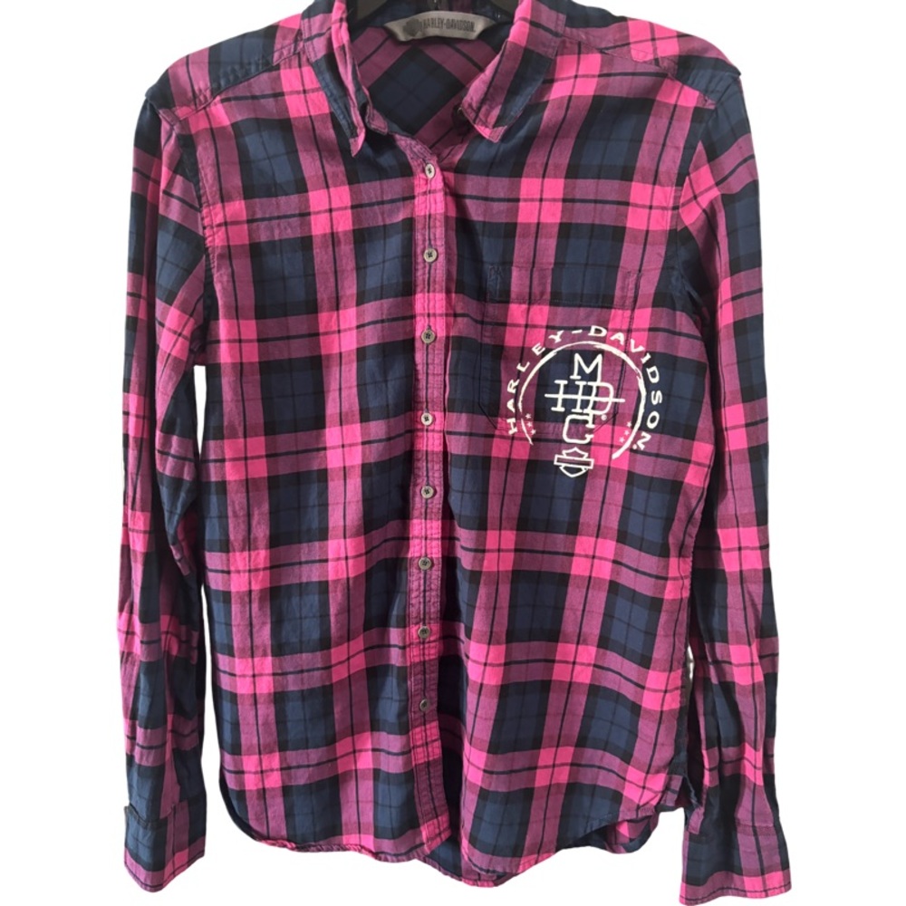 Harley Davidson Pink and Navy 100% Cotton Flannel Metal Buttoned Shirt Medium